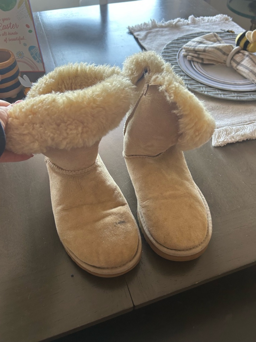 UGG Short Suede Slipper Boots in Tan with Shearling Cuff